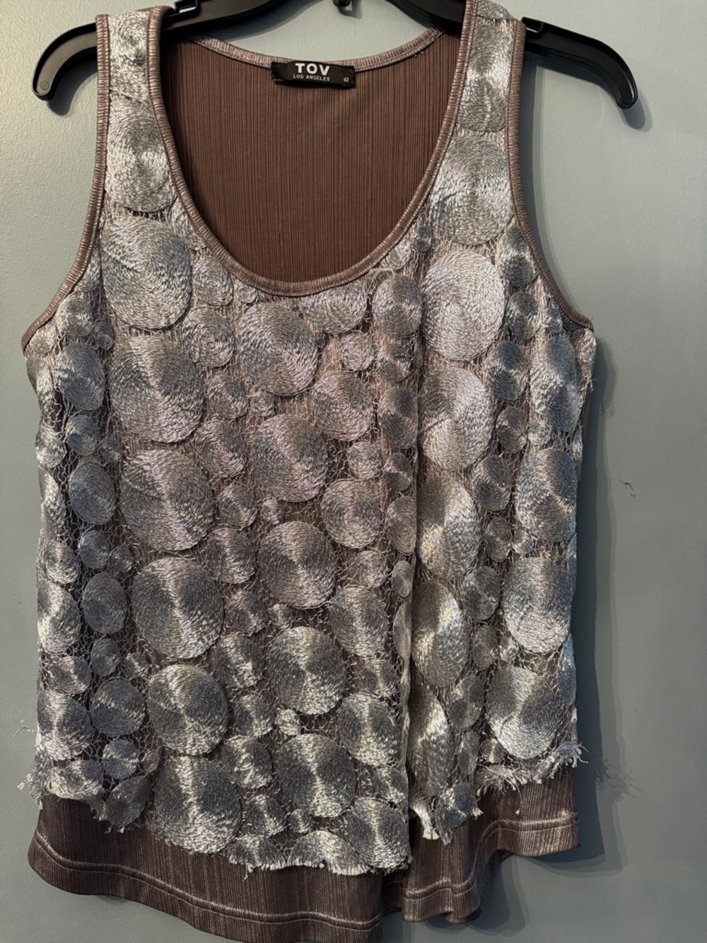 TOV Silver Metallic Circle Overlay Tank Top